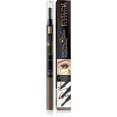 Eveline Cosmetics Brow Styler 3in1 Long-Lasting Multifunctional Double-Ended Eyebrow Pencil Definer 01 Medium Brown